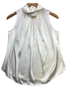 Sonya Ratay San Andre Satin High-Neck Pleated Blouse Sleeveless Size 10 Ivory